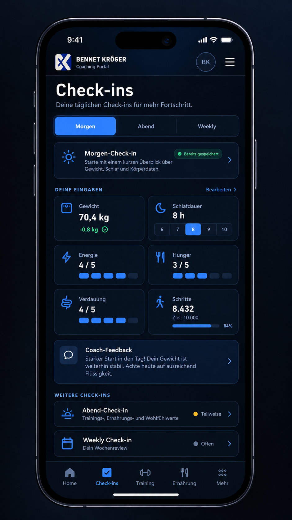 Tägliche Morgen-, Abend- und Weekly-Check-ins in der Coaching-App