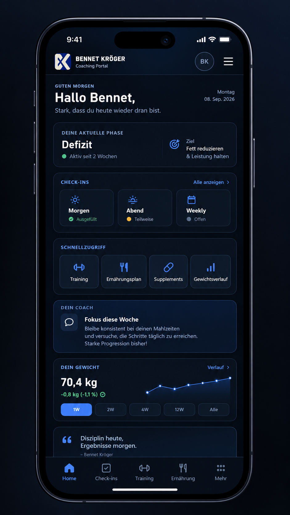 Übersicht mit Check-ins, Fortschritt und Gewichtsverlauf in der Coaching-App