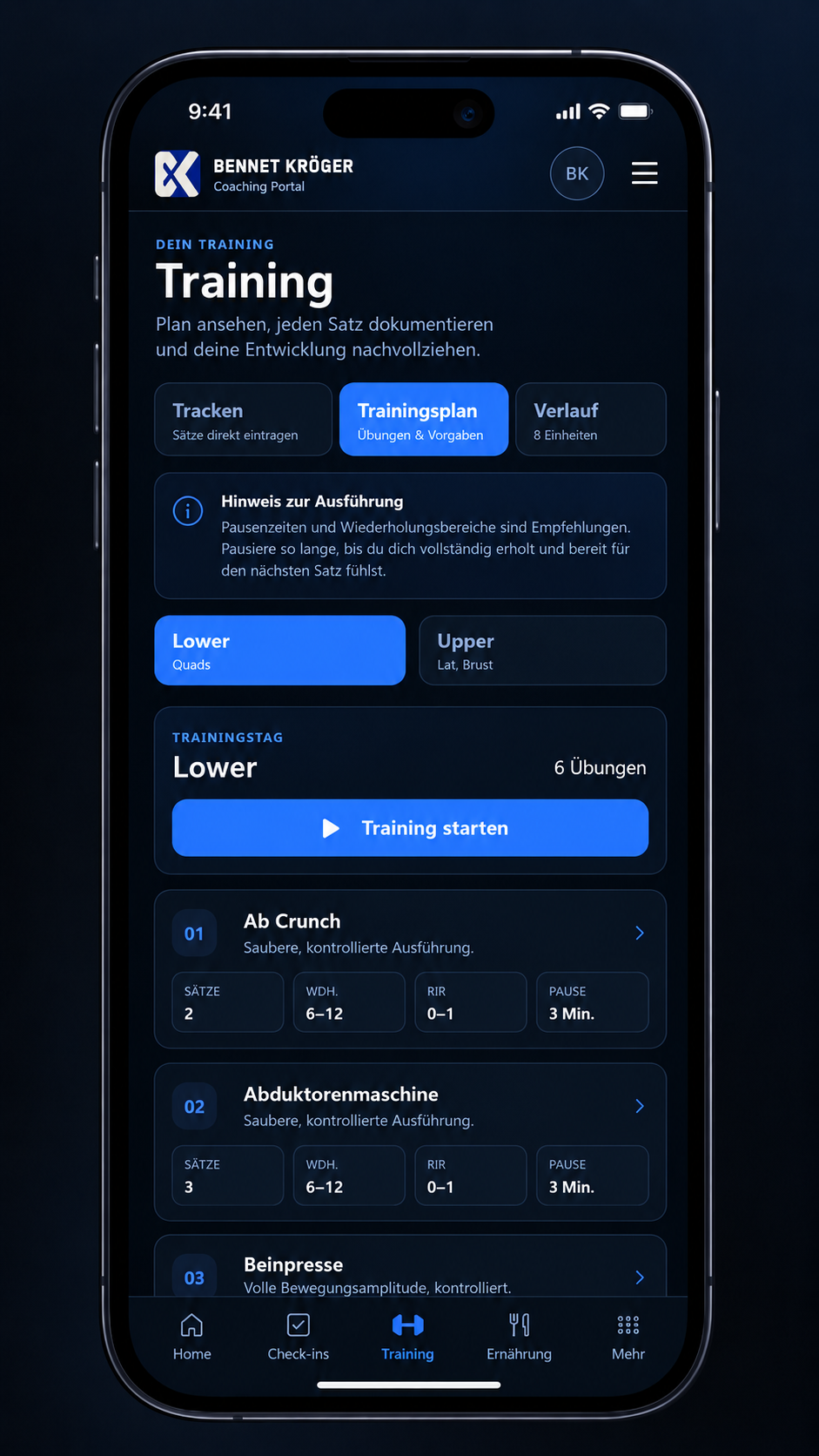 Trainingsplan mit Übungen, Sätzen, Wiederholungen, RIR und Pausenzeiten in der Coaching-App