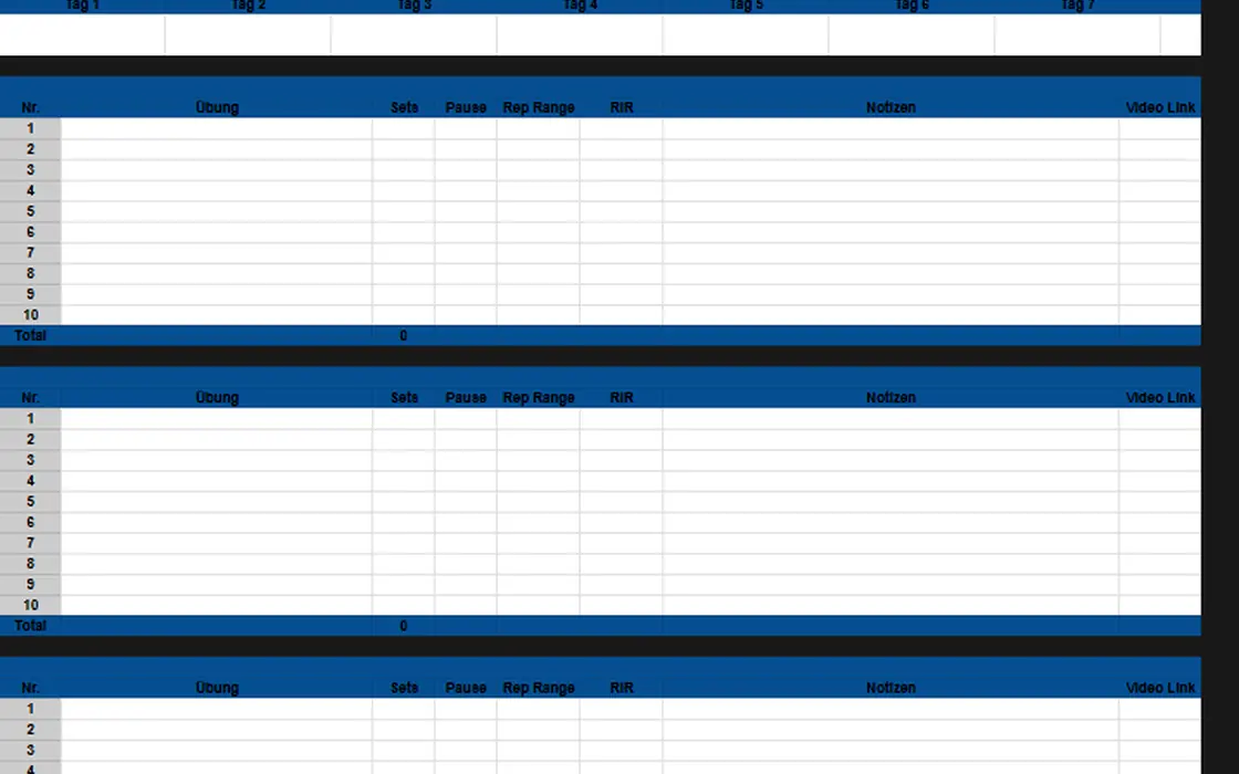 Trainingsplan Struktur mit Übungen Sätzen Pausen und Notizen